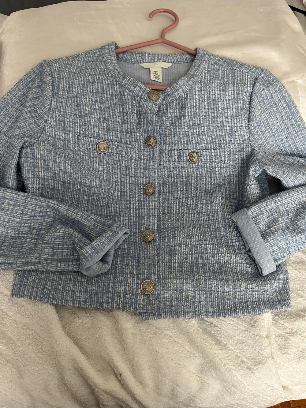H&M Light Blue Tweed Buttoned Boxy Jacket